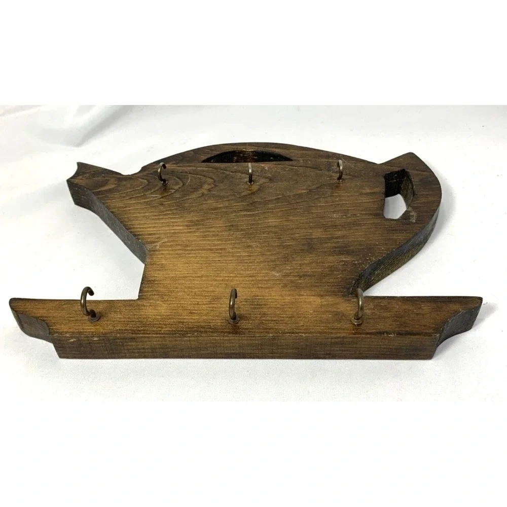 Wood Teapot Shaped Hanging‎ Key Holder Hooks Wall Decor Cottagecore Tea Vintage